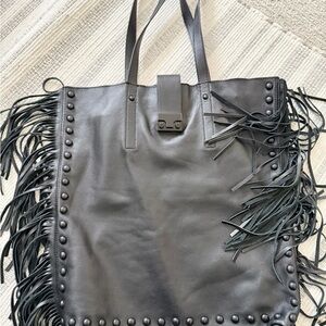 Loeffler Randall  Black Calf Leather FringedTote Shoulder Purse